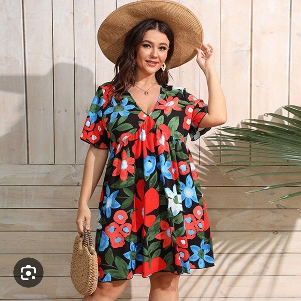Colorful Floral V-Neck Dress with Straw Hat